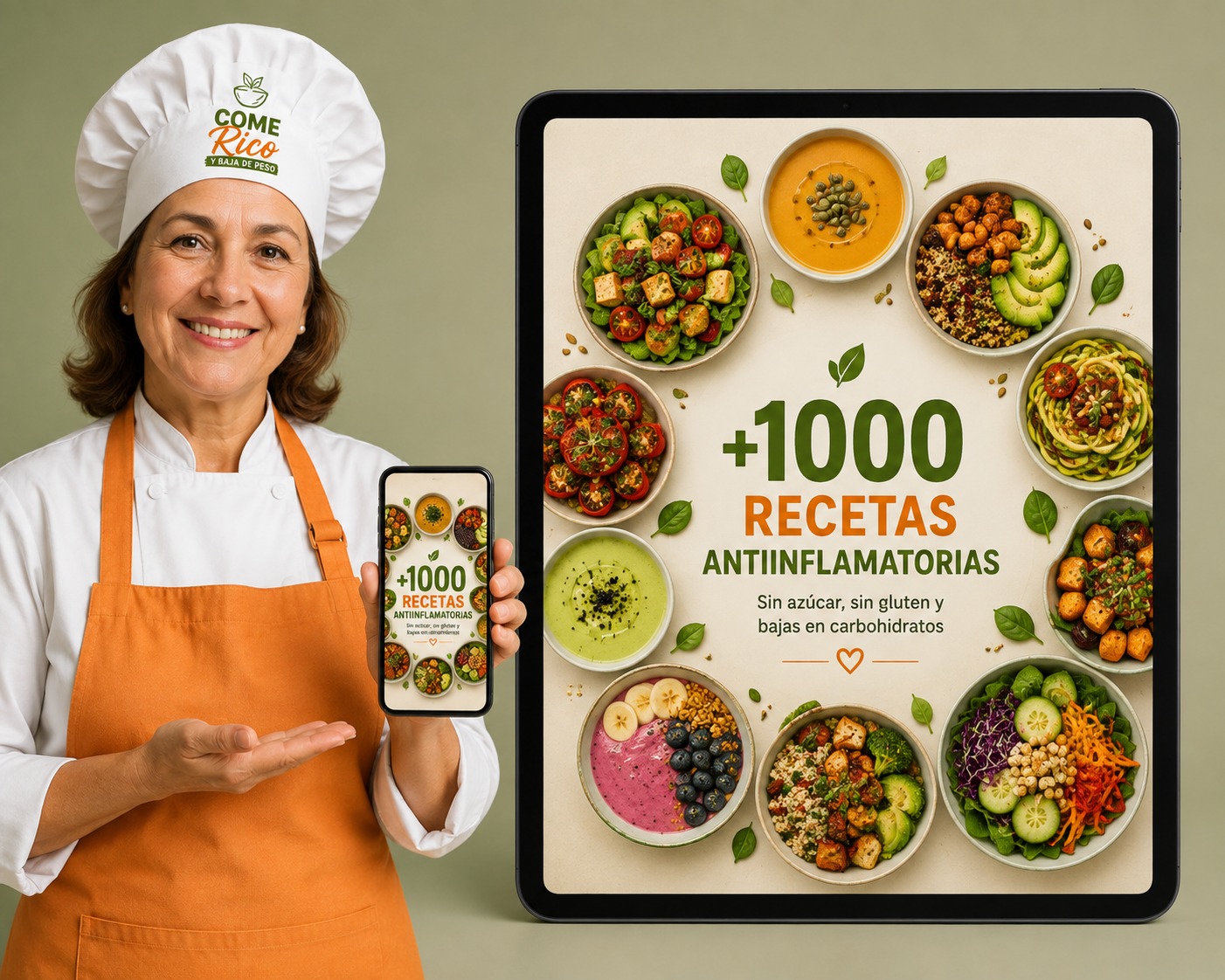 Chef mostrando el recetario en tablet y móvil